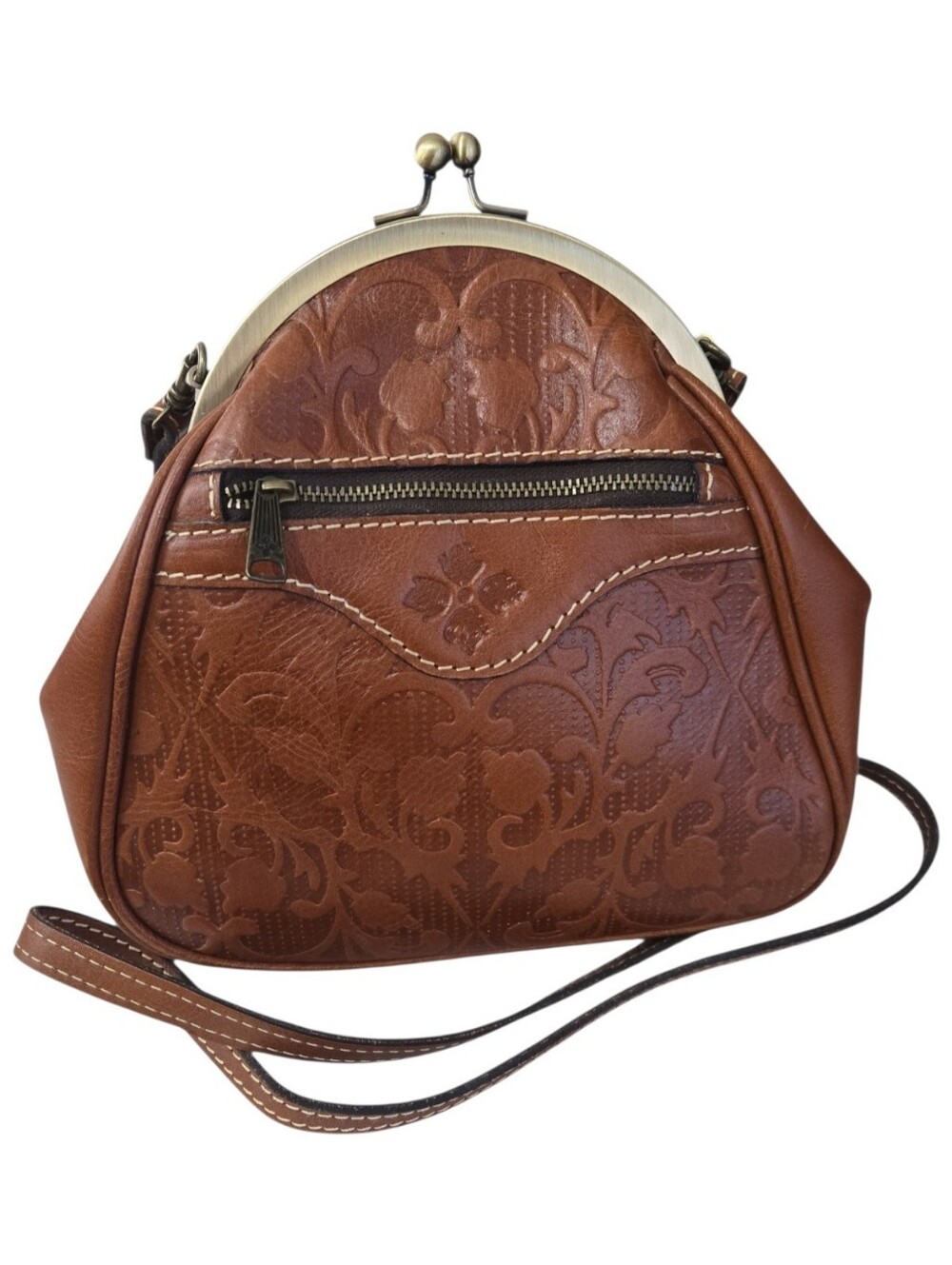 Patricia Nash Brown Tooled Leather Kiss Lock Crossbody Bag Floral Framed Purse
